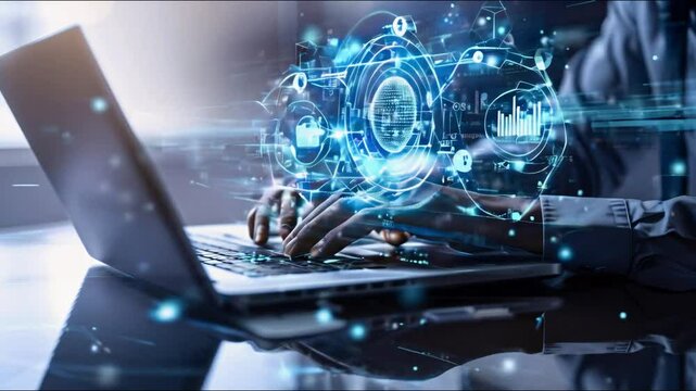 Man with laptop using AI hologram software in illustration.