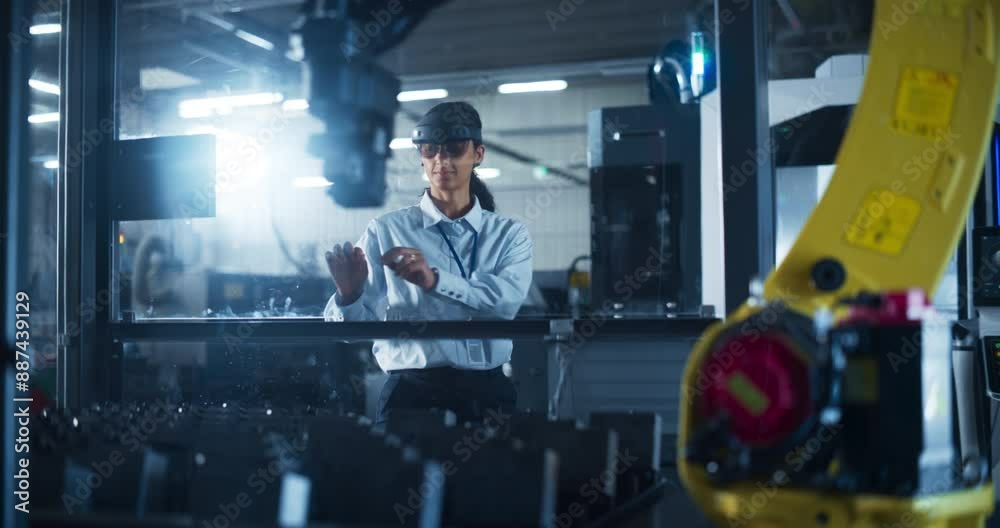Fototapete Multiethnic Female Engineer in a Mixed Reality Headset Skillfully Controls a Robotic Arm in a High Tech Manufacturing Facility, Demonstrating Advanced Functionality and Precision Engineering