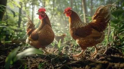 Two chickens laying eggs in the plantation