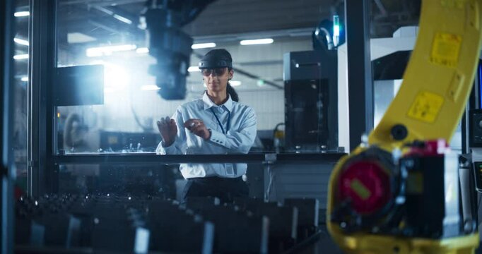 Multiethnic Female Engineer in a Mixed Reality Headset Skillfully Controls a Robotic Arm in a High Tech Manufacturing Facility, Demonstrating Advanced Functionality and Precision Engineering