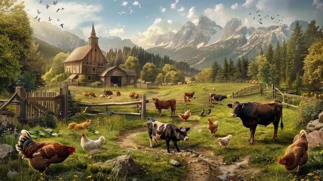 Rustic Farm with Chickens, Cows, and Pigs Cared by Farmer