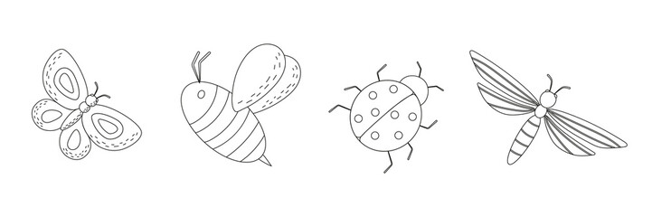 Cartoon insects. Cute butterfly, bee, ladybug, dragonfly. Outline flat vector illustrations isolated