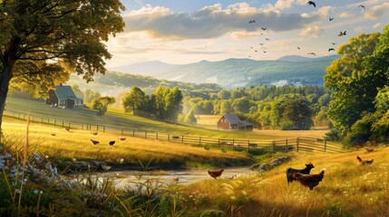 Serene Farm Landscape with Cows and Chickens in Fields