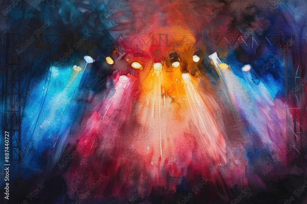 Poster a group of lights on a stage with various colors and shapes