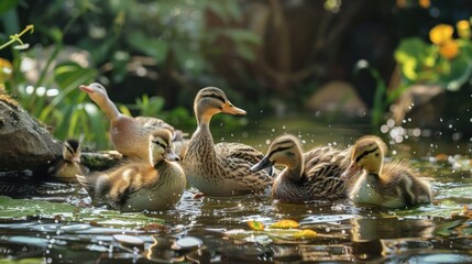 Obraz premium a group of ducklings swimming in the river