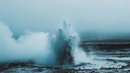 A geyser erupts in a misty Icelandic landscape, sending a plume of water high into the air