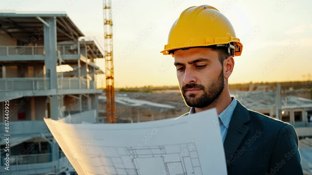 Poster a construction site engineer wearing a hardhat examines building plans against a backdrop of a parti