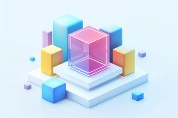 Fototapeta premium Abstract Futuristic 3D Render Minimalistic Style with Floating Geometric Shapes Isometric Design, Light Color Theme, Bright Background, and Soft Lighting