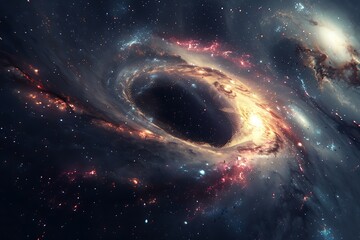 Awe-inspiring artistic rendering of a supermassive black hole at the heart of a dynamic, luminous galaxy. Astronomical illustration