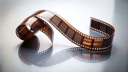 A solitary, partially rolled, unexposed film strip lies isolated on a pristine, empty, white background, evoking nostalgia and creativity.