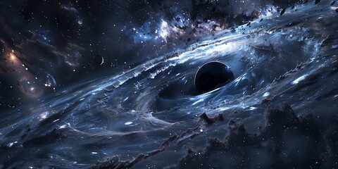 Detailed and captivating artistic depiction of a black hole enveloped by a swirling, luminous accretion disk. Astronomical illustration