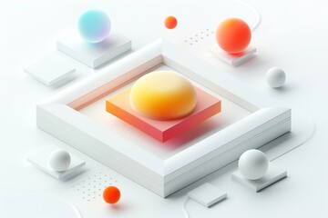 Abstract Futuristic 3D Render Minimalistic Style with Floating Geometric Shapes Isometric Design, Light Color Theme, Bright Background, and Soft Lighting