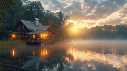 Fototapeta premium Peaceful House on lake, rural scene