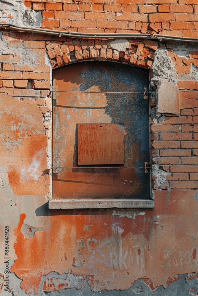 Poster A photo of a brick building with a single window, part of a larger structure