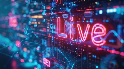 Obraz premium Neon sign of 'Live' with tech and media icons in backdrop