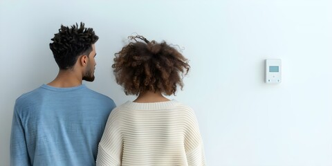 Young couple using smart home control panel on wall. Concept Smart Home Technology, Young Couples, Modern Lifestyle