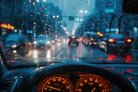 Rainy night traffic view from vehicle dashboard interior. - Powered by Adobe