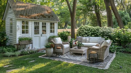 Fototapeta premium Cozy outdoor garden seating area with wicker furniture.