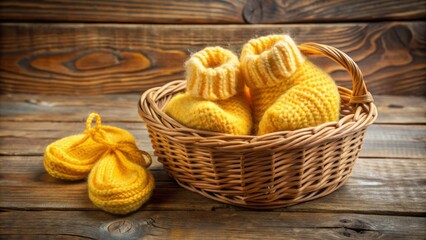Vibrant yellow woolen baby booties nestled beside a soft skein of alpaca wool in a rustic wooden wicker paper basket setting.