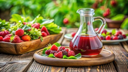 Vibrant still life of raspberry vinegar vinaigrette in glass cruet on wooden table surrounded by fresh berries and salad plate.
