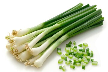 A bunch of fresh green onions with vibrant green stems and white roots is displayed on a clean white background