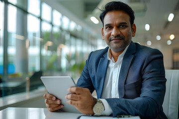 happy Indian mid age business man professional ceo using tablet computer, looking at camera at desk in the office