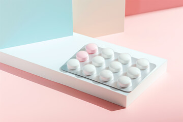 Blister pack of round white and pink tablets on a pastel background with geometric shapes. Ideal for packaging design