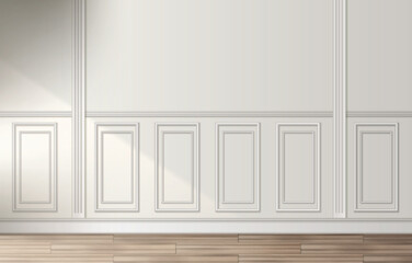 Room interior with white classic wall panel and wooden floor. Light background with luxury elegant molding frames. Realistic 3d vector illustration of home or office design with moulding and parquet