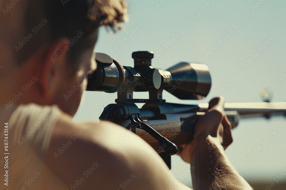 Aufkleber a man is holding a rifle and looking through the scope, suitable for use in hunting or military-them