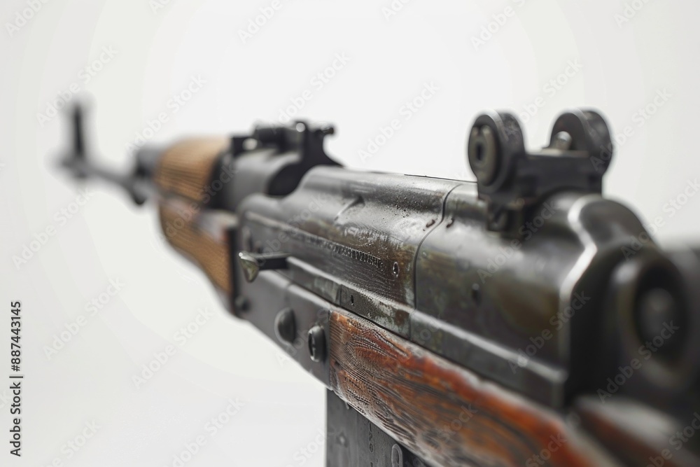 Poster a detailed view of a rifle on a plain white background, suitable for use in firearms-related or mili