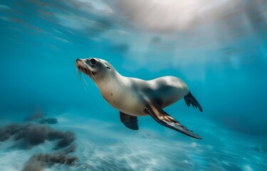 Stunning underwater photo of a sea lion swimming in the ocean. A full body shot captured in high resolution photography with high definition and sharp focus depth of field. 