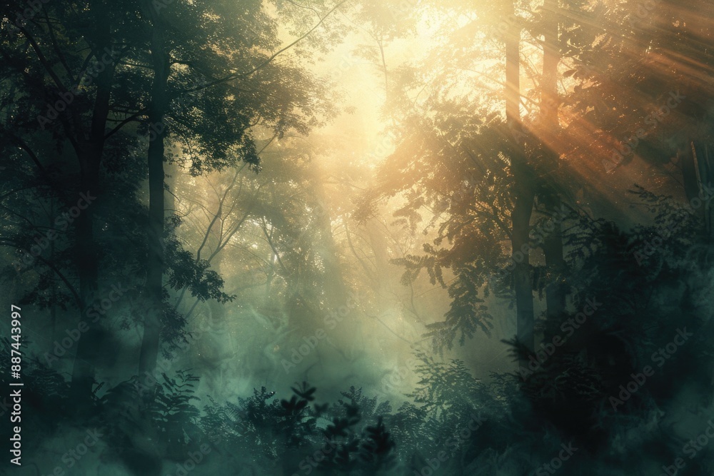 Poster a sunny day in a dense forest with sunlight peeking through the tree canopy