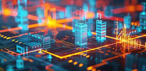 Futuristic digital electricity grid diagram design with glowing skyscraper-like structures and data lines. Technology innovation, artificial intelligence, smart city, cybersecurity.
