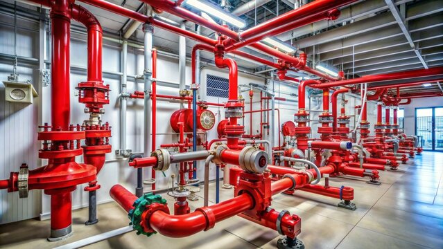 Industrial fire extinguishing room with complex piping system, valves, and metalwork, ready for emergency response and safety measures implementation.