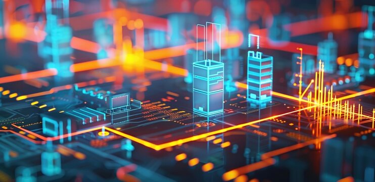Futuristic digital electricity grid diagram design with glowing skyscraper-like structures and data lines. Technology innovation, artificial intelligence, smart city, cybersecurity.