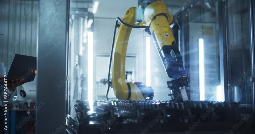 Aufkleber Portrait of a Beautiful Manufacturing Technician Working on Laptop Computer at a Factory. Young Female Specialist Developing, Maintaining, Setting Up Programs for Machine Production on a Robotic Arm