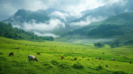 Peaceful Farm Scene with Cows Grazing and Chickens Pecking