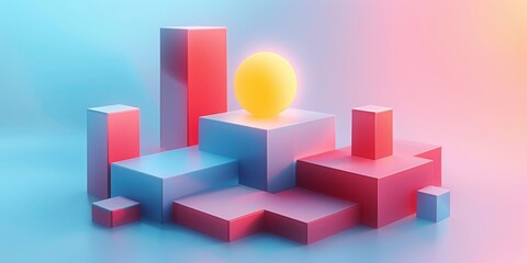 Fototapeta premium Abstract Futuristic 3D Render Minimalistic Style with Floating Geometric Shapes Isometric Design, Light Color Theme, Bright Background, and Soft Lighting