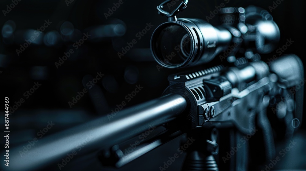Poster A close-up view of a rifle with a scope attached, suitable for use in outdoor and adventure themed contexts
