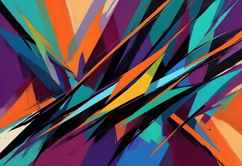 Colorful abstract geometric pattern with overlapping diagonal shapes in various vibrant colors including orange, green, blue, purple, and black