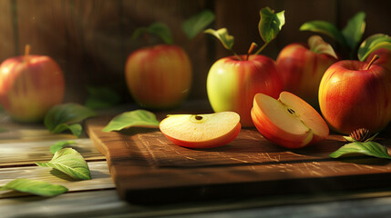 Rustic Still Life of Red Apples with Leaves on a Wooden Cutting Board, Highlighting the Natural Beauty and Freshness of Seasonal Produce