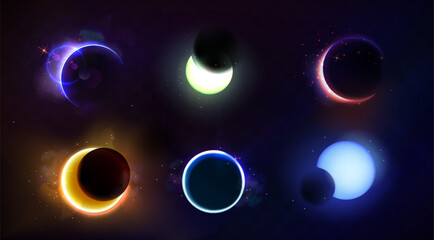 Total and partial solar eclipse with different neon glow colors on dark night sky background. Realistic vector illustration set of abstract cosmos sun corona with circle and crescent bright shine. © klyaksun