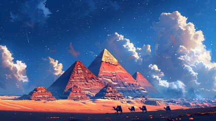 the Pyramids of Giza with camels in the foreground. 