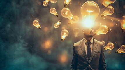 A businessman with glowing light bulbs, symbolizing a bright idea. The concept of innovation and creativity in the business world. Generative AI.
