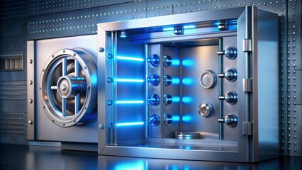 A sleek, modern, silver, 3D, digital safe deposit box with intricate locking mechanism and glowing blue LED lights surrounding it.