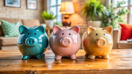 Vibrant trio of piggy banks in varied hues aligned on rustic wooden table amidst cozy home decor, prudent financial planning ambiance.