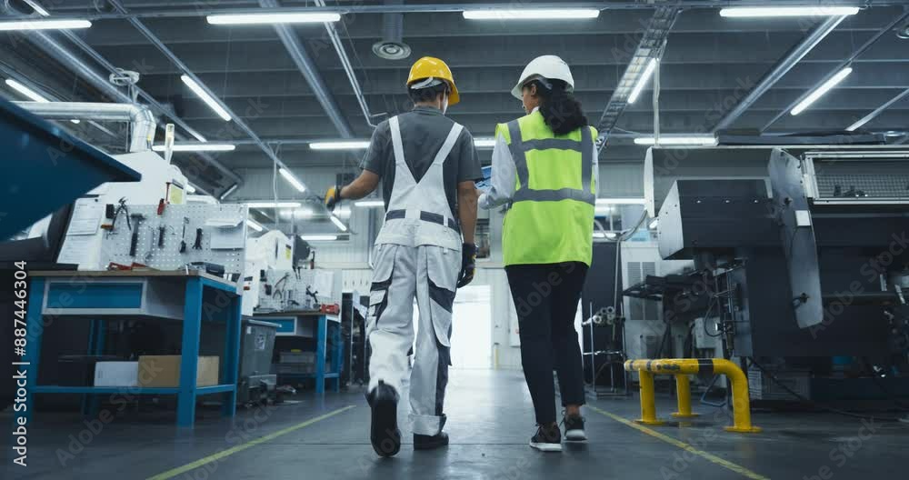 Poster two multiethnic employees walking in an industrial factory hall. female engineer using a tablet, exp