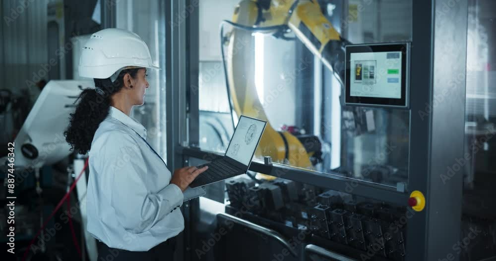 Aufkleber young hispanic female technician in a white hard hat monitoring manufacturing process at an advanced