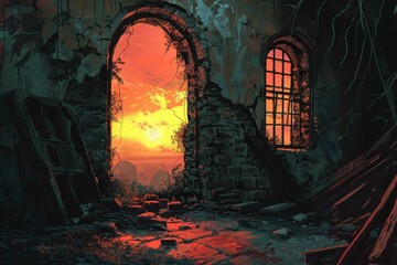 Sunset in the Ruins of a Gothic Cathedral