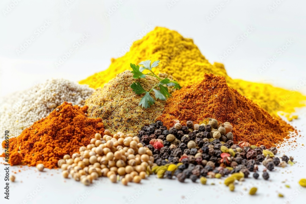 Poster a selection of various spices arranged on a clean white surface, great for use in cooking or as a de